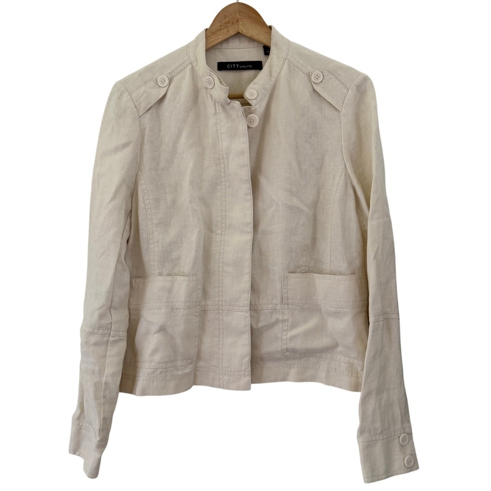 City Unltd Button Closure Jacket‎ Blazer 100% Linen Cream Women's Size 10 Career